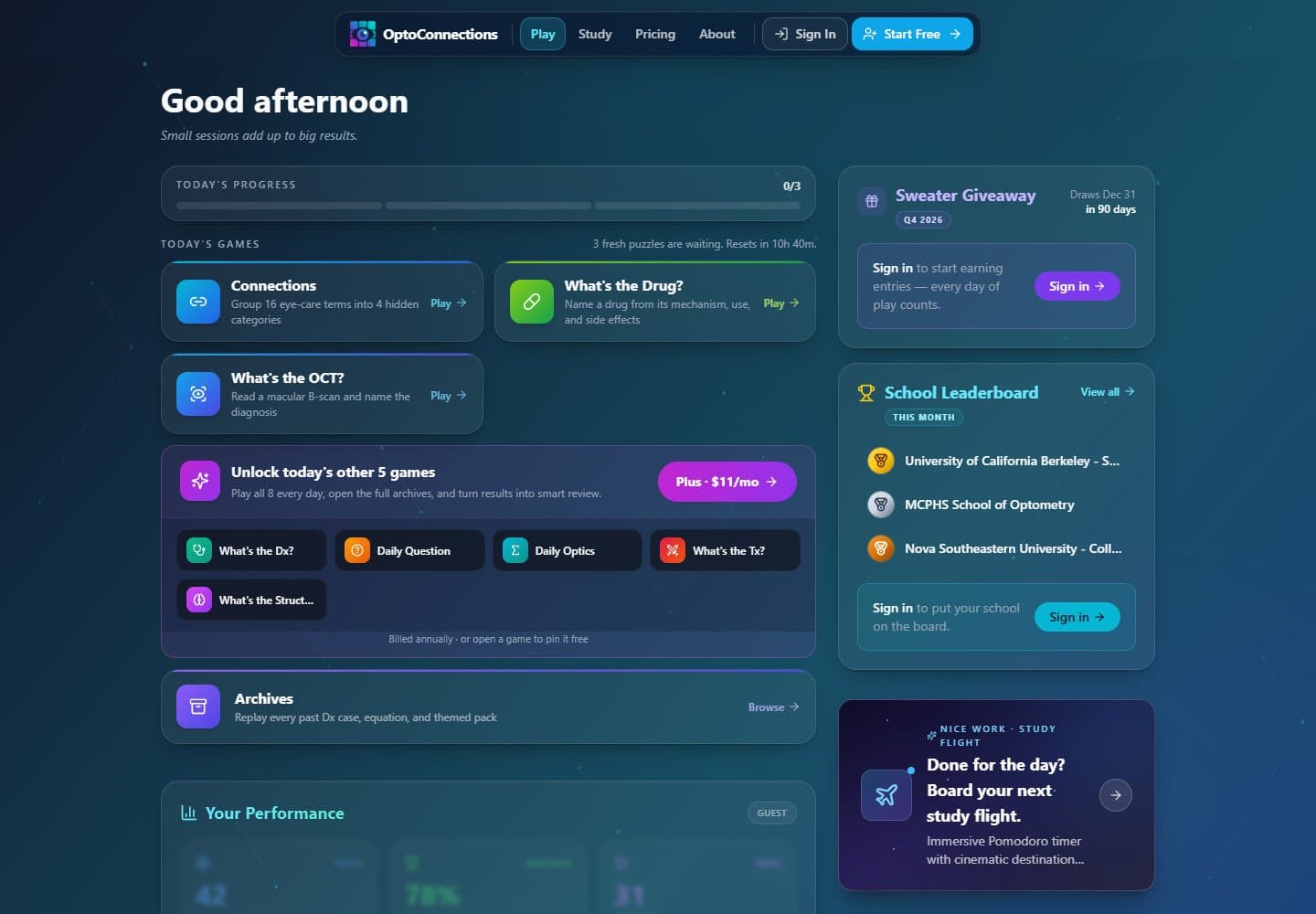 OptoConnections daily practice interface with its selection of optometry learning activities.